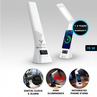 Stoln&iacute; lampa s 15W bezdr&aacute;tov&yacute;m nab&iacute;jen&iacute;m, hodinami s bud&iacute;kem, stoj&aacute;nkem na telefon