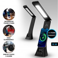 Stoln&iacute; lampa s 15W bezdr&aacute;tov&yacute;m nab&iacute;jen&iacute;m, hodinami s bud&iacute;kem, stoj&aacute;nkem na telefon