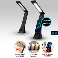 Stoln&iacute; lampa s 15W bezdr&aacute;tov&yacute;m nab&iacute;jen&iacute;m, hodinami s bud&iacute;kem, stoj&aacute;nkem na telefon