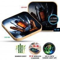 15W bambusov&aacute; bezdr&aacute;tov&aacute; rychlonab&iacute;jec&iacute; podložka s CMYK + LED logem