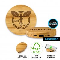 Kulatá bambusová (FSC) power banka s bezdrátovým nabíjením, 5000 mAh