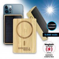 5000 mAh  bambusová magnetická power banka s bezdrátovým nabíjením a solárním panelem