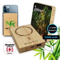 5000 mAh bambusová magnetická power banka s bezdrátovým nabíjením