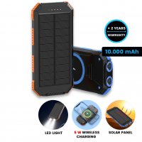 Solární power banka s LED svítilnou a bezdrátovým nabíjením, 10000 mAh