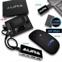 Dárková sada s LED logem, USB flash disk, USB hub a myš