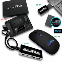 Dárková sada s LED logem, USB flash disk, USB hub a myš