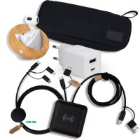 Dárková sada s organizérem z rPET - bezdrátová sluchátka, 15W bezdrátová nabíječka, adaptér, USB kabel 6 v 1 s LED logem