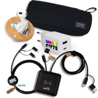 Dárková sada s organizérem z rPET - bezdrátová sluchátka, 15W bezdrátová nabíječka, adaptér, USB kabel 6 v 1 s LED logem