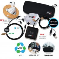 Dárková sada s organizérem z rPET - bezdrátová sluchátka, 15W bezdrátová nabíječka, adaptér, USB kabel 6 v 1 s LED logem
