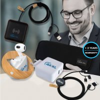 Dárková sada s organizérem z rPET - bezdrátová sluchátka, 15W bezdrátová nabíječka, adaptér, USB kabel 6 v 1 s LED logem