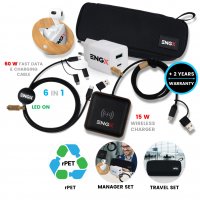 Dárková sada s organizérem z rPET - bezdrátová sluchátka, 15W bezdrátová nabíječka, adaptér, USB kabel 6 v 1 s LED logem