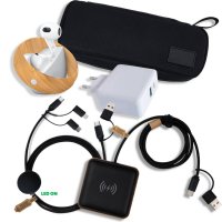 Dárková sada s organizérem z rPET - bezdrátová sluchátka, 15W bezdrátová nabíječka, adaptér, USB kabel 6 v 1 s LED logem