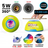 BEZDRÁTOVÝ 5W REPRODUKTOR S 15W BEZDRÁTOVÝM RYCHLONABÍJENÍM, POWER BANKOU, LED + CMYK LOGO, ZÁKAZNICKÁ BARVA