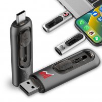 Kovový výsuvný USB flash disk s USB-C a USB-A