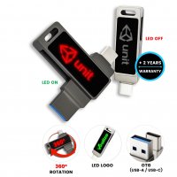 Kovový otočný USB 2.0/3.0 flash disk s USB-C a USB-A a LED logem