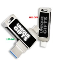 Kovový otočný USB 2.0/3.0 flash disk s USB-C a USB-A a LED logem