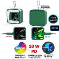 ADAPTÉR DO ZÁSUVKY (EU) SE 2 VÝSTUPY (USB-A, USB-C (Type-C) - PD 20 W), CMYK A LED LOGEM