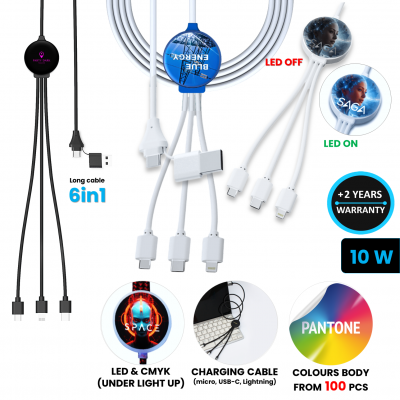 NABÍJECÍ USB KABEL 6 V 1 S CMYK + LED LOGEM A MOŽNOSTÍ VLASTNÍ BARVY PANTONE