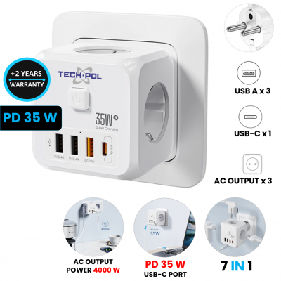 PD 35W CUBE MULTIZÁSUVKA S VYPÍNAČEM, 
7 VÝSTUPŮ