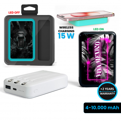 POWER BANKA S VESTAVĚNÝMI KABELY A 15W BEZDRÁTOVÝM RYCHLONABÍJENÍM, 4000 - 10000 MAH, VE VLASTNÍCH BARVÁCH, LED LOGO + CMYK POTISK