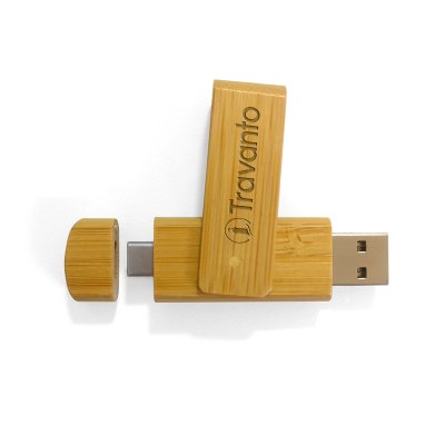 BAMBUSOVÝ OTOČNÝ USB FLASH DISK S KONEKTORY USB-C (TYPE-C) A USB-A